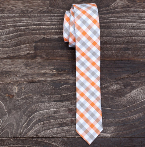 Skinny Tie - Orange & Grey Checkered