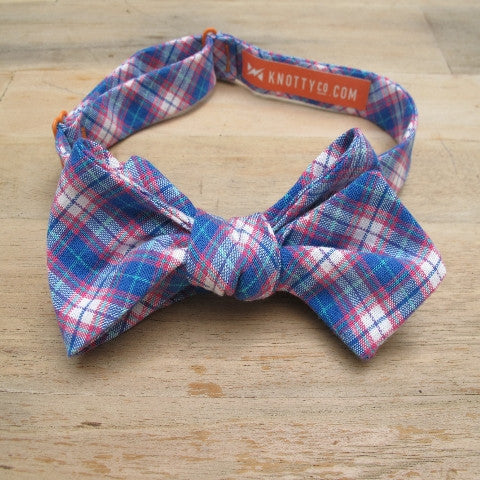 Self-Tie Bow Tie - Blue, White & Red Plaid