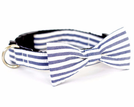 Bow Tie Dog Collars - Striped Blue/Gray Seersucker