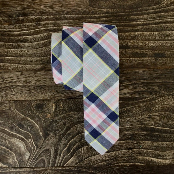 Skinny Tie - Madras Cotton with Gray, Navy, Pink, Yellow & White